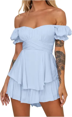 Women Off The Shoulder Mini Dresses Sexy Strapless Ruffle Hem Flowy Sundress Hawaiian Beach Vacation Dresses Fairy Dresses