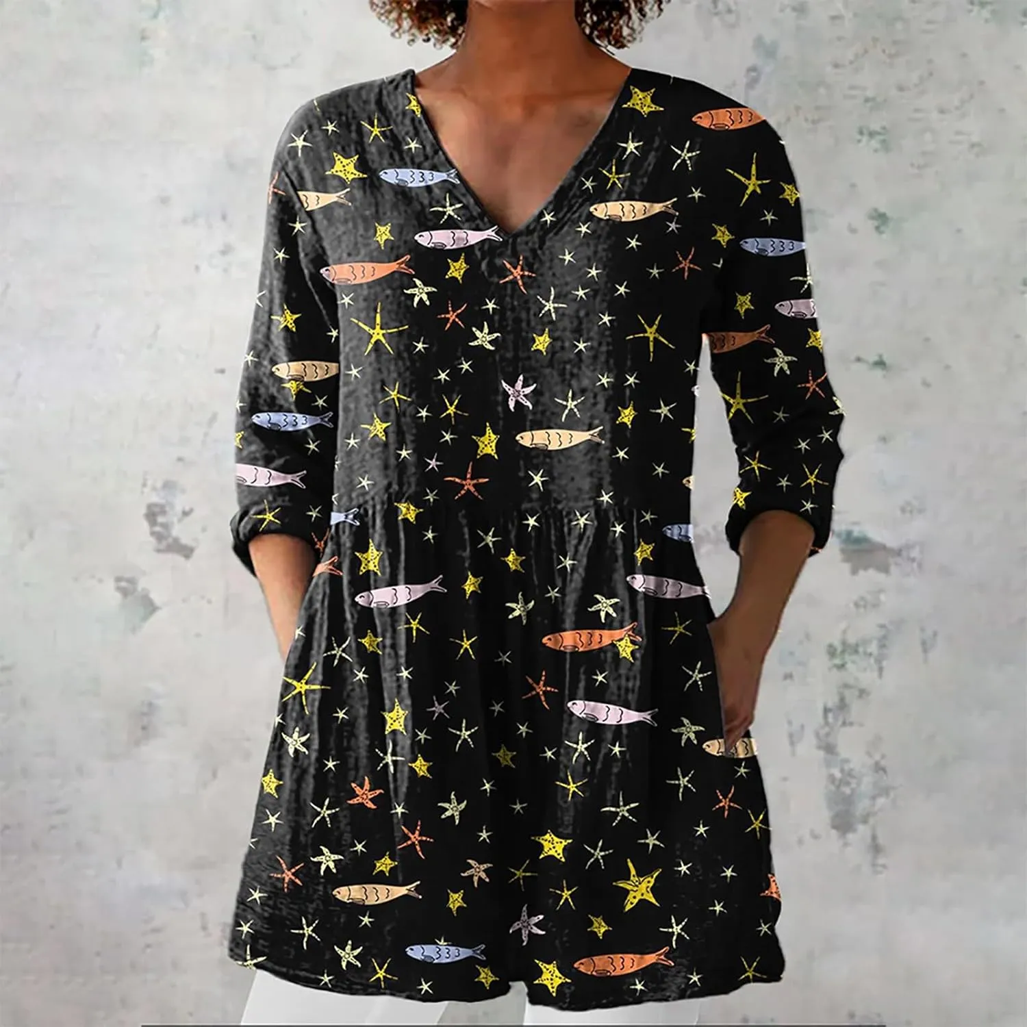 Women Plus Size Tops Trendy Summer 2025 Color Block Floral Print Dress Long Sleeve V Neck Blouses Casual Tunic Outfits