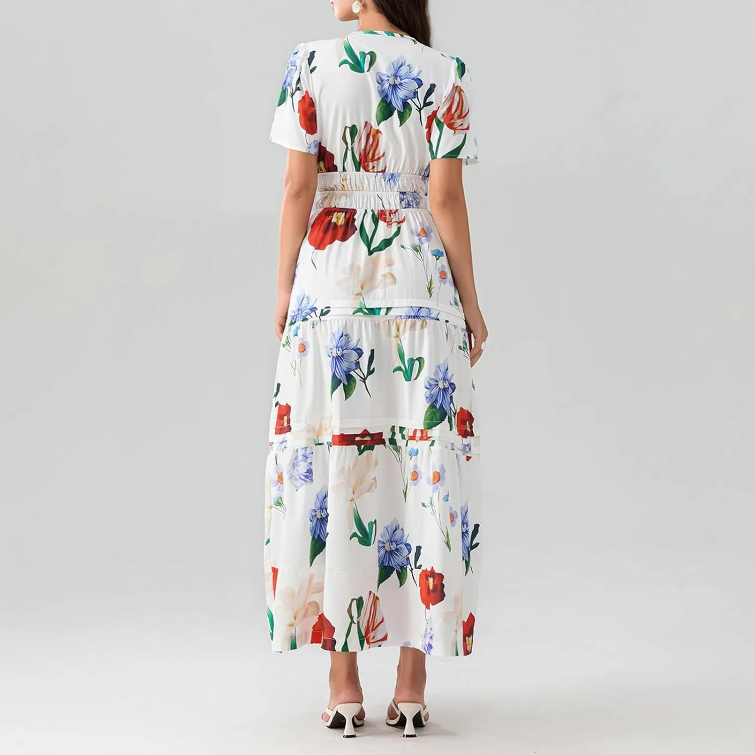 Women Short Sleeve Maxi Dress Boho Smocked Waist Sundress V-Neck Floral Tiered Ruffle Long Beach Dresses with Pockets