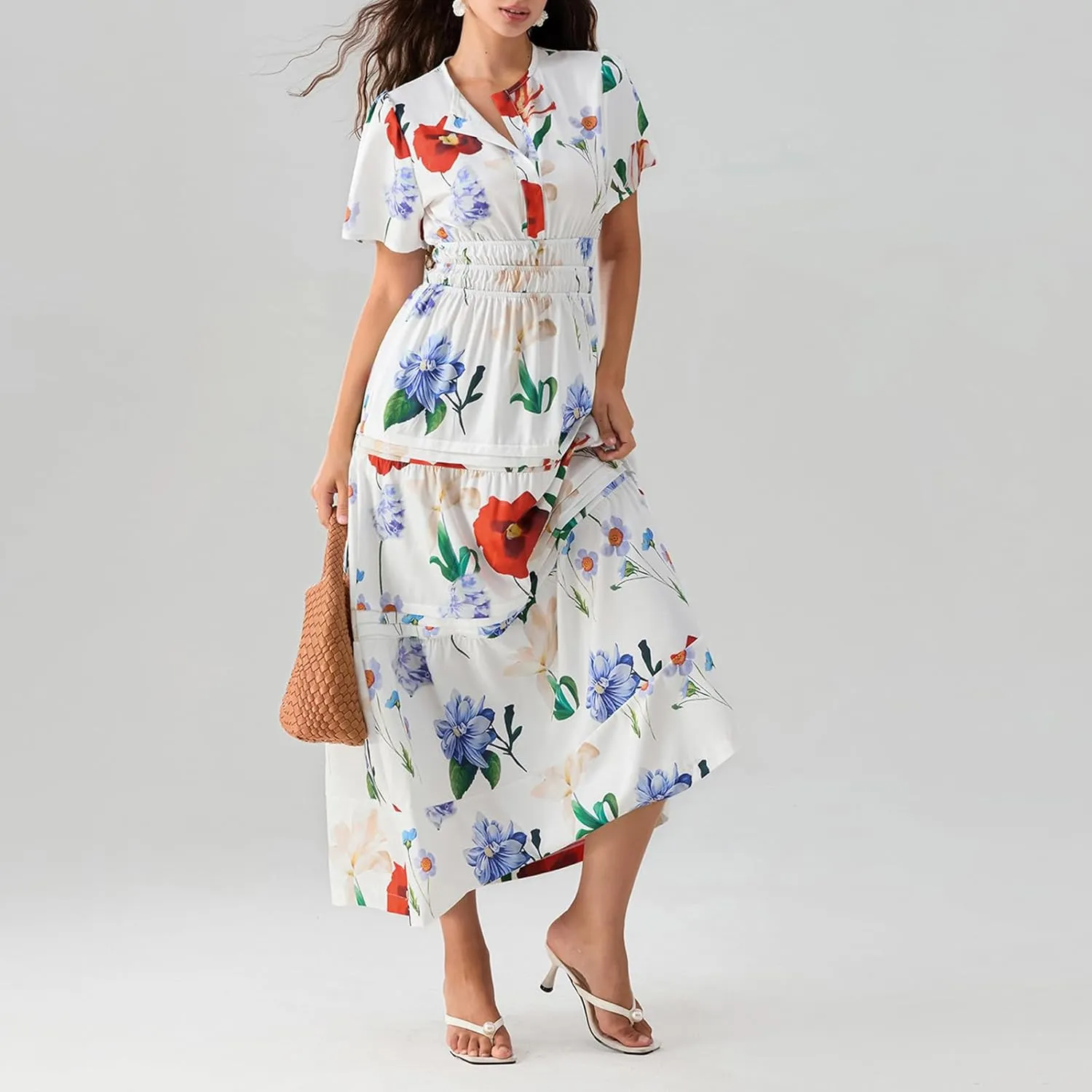 Women Short Sleeve Maxi Dress Boho Smocked Waist Sundress V-Neck Floral Tiered Ruffle Long Beach Dresses with Pockets