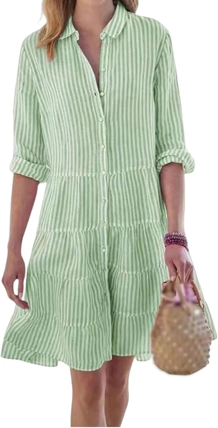Women Striped Shirt Dresses Casual Loose V Neck Button Down Mini Dress 2025 Summer A Line Flowy Swing Dress