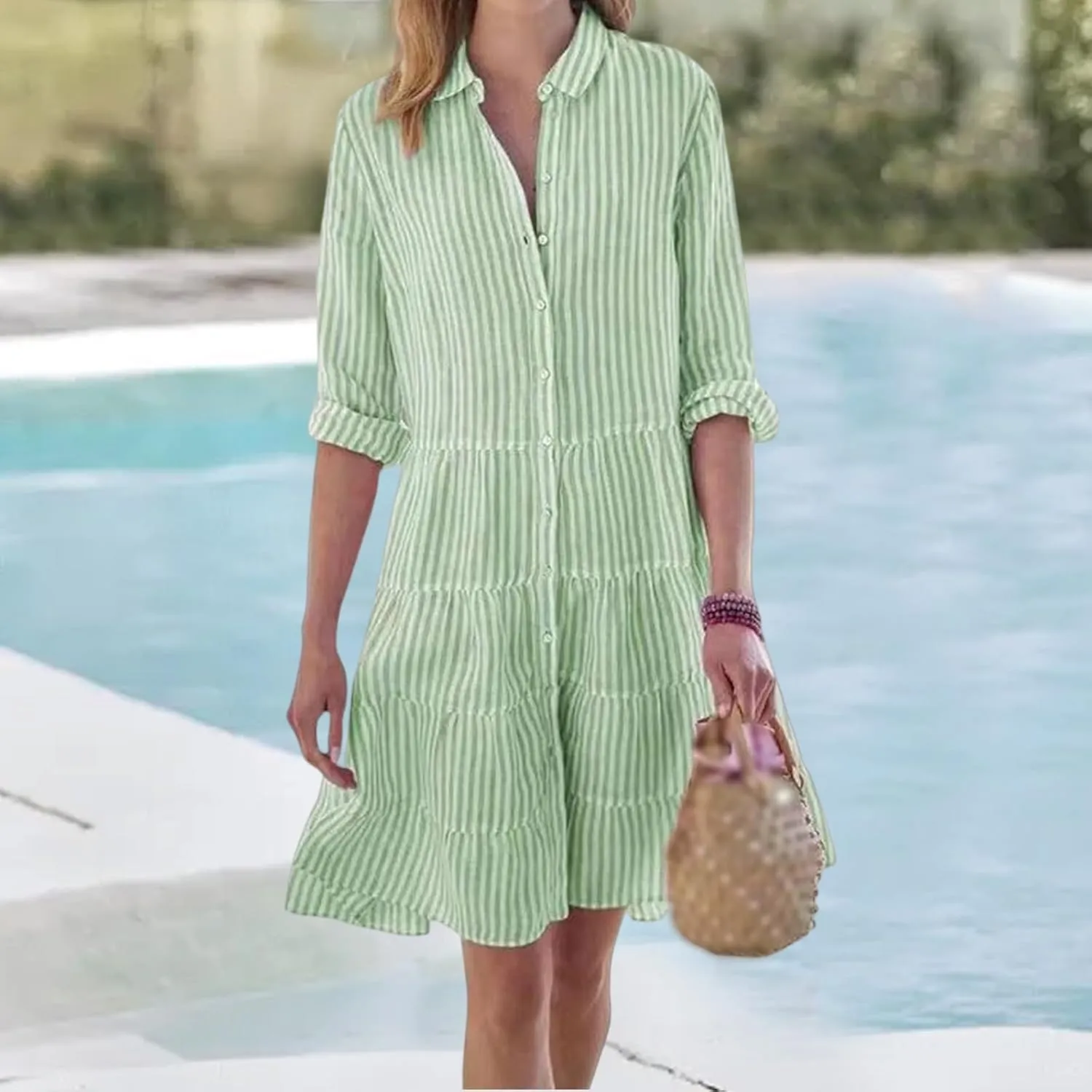 Women Striped Shirt Dresses Casual Loose V Neck Button Down Mini Dress 2025 Summer A Line Flowy Swing Dress
