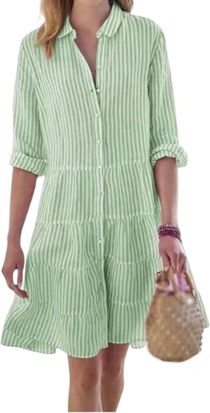Women Striped Shirt Dresses Casual Loose V Neck Button Down Mini Dress 2025 Summer A Line Flowy Swing Dress