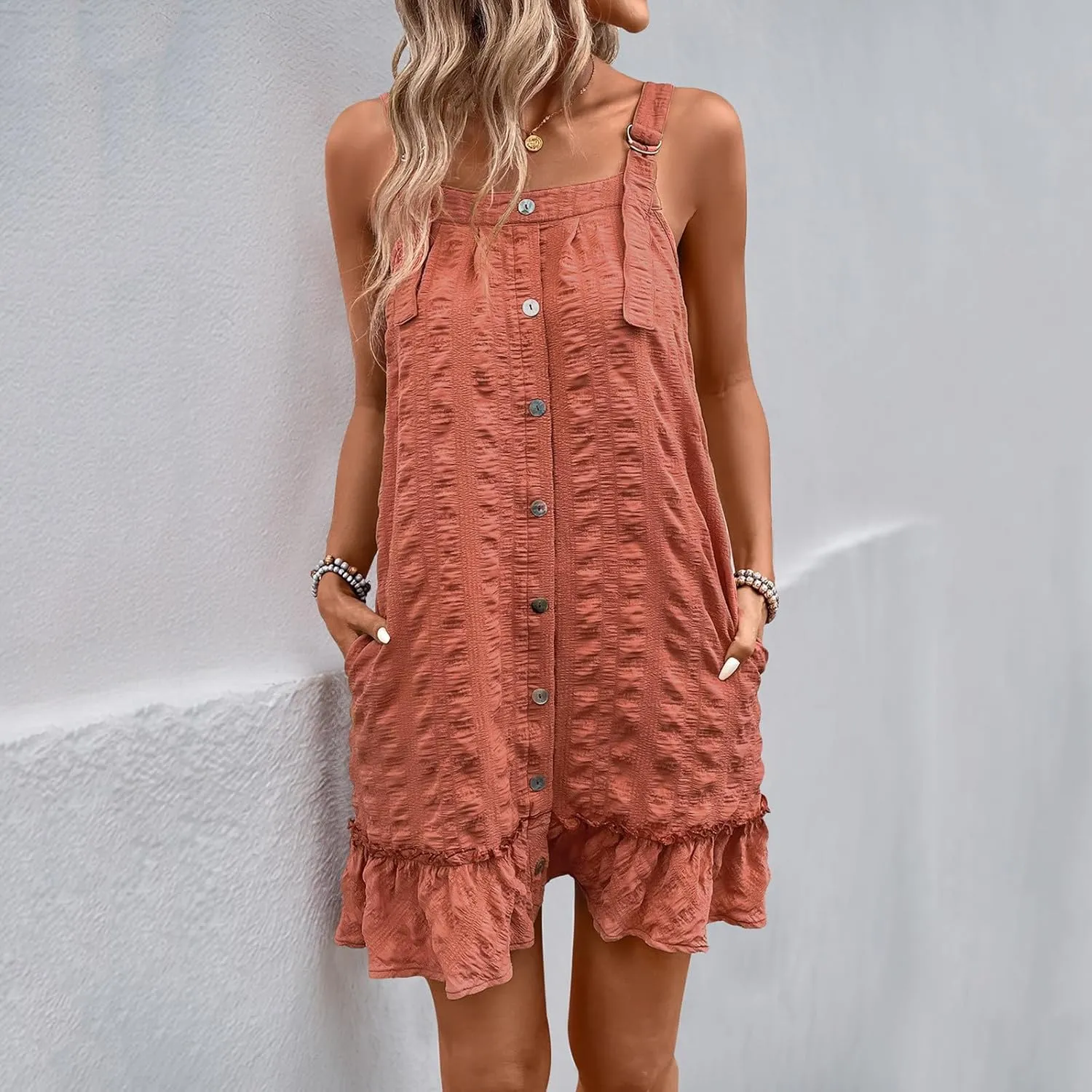 Women Summer Overall Dress Adjustable Spaghetti Strap Mini Dresses Casual Textured Sleeveless Ruffle Beach Sundress