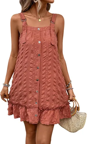 Women Summer Overall Dress Adjustable Spaghetti Strap Mini Dresses Casual Textured Sleeveless Ruffle Beach Sundress