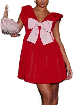 Women Y2K Bow Babydoll Mini Dress Spaghetti Strap Ruffle Sundress Flowy Sling Dress Graphic Going Out Dresses