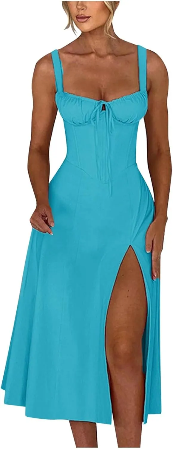 Womens 2024 Summer Maxi Dress Sleeveless Floral Spaghetti Strap Smocked Boho Beach Long Dress