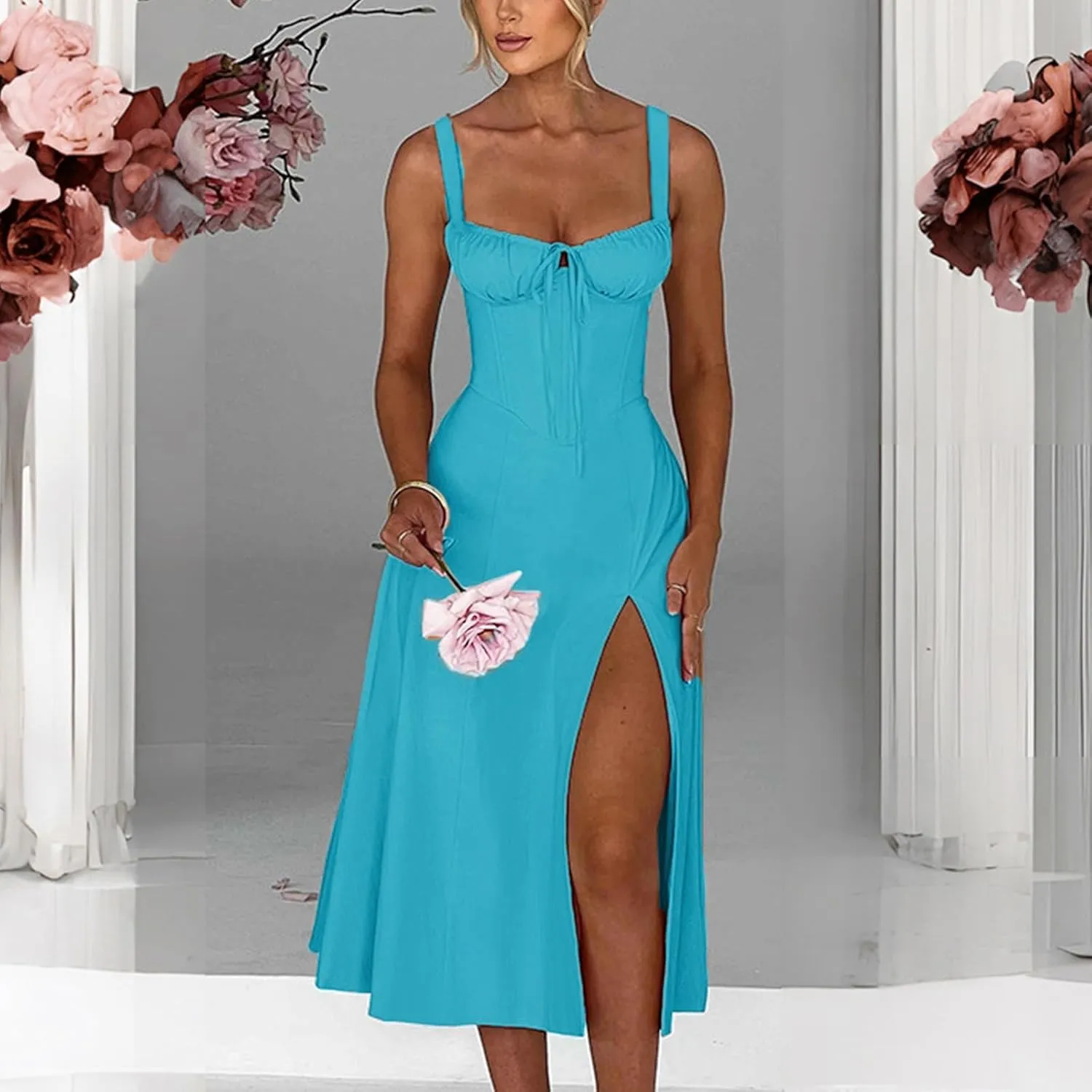 Womens 2024 Summer Maxi Dress Sleeveless Floral Spaghetti Strap Smocked Boho Beach Long Dress
