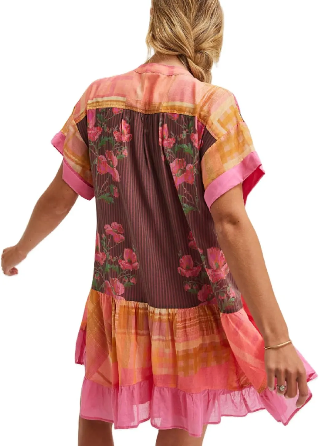 Womens Boho Mini Dress Y2k Floral Deep V-Neck Puff Sleeve Short Dresses Summer Causal Flowy Beach Sundress