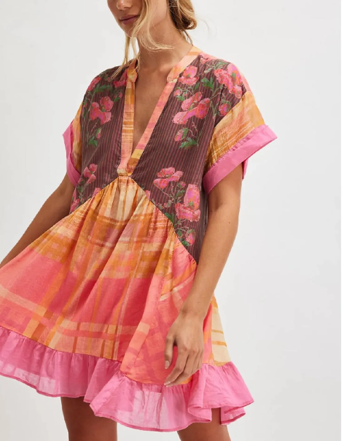 Womens Boho Mini Dress Y2k Floral Deep V-Neck Puff Sleeve Short Dresses Summer Causal Flowy Beach Sundress