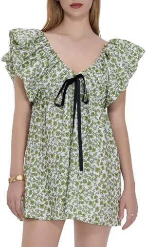 Womens Boho Mini Dress Y2k Floral Puff Sleeve Babydoll Dress Deep V Neck Bow Tie Front Backless Beach Sundress