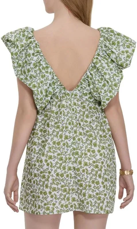 Womens Boho Mini Dress Y2k Floral Puff Sleeve Babydoll Dress Deep V Neck Bow Tie Front Backless Beach Sundress