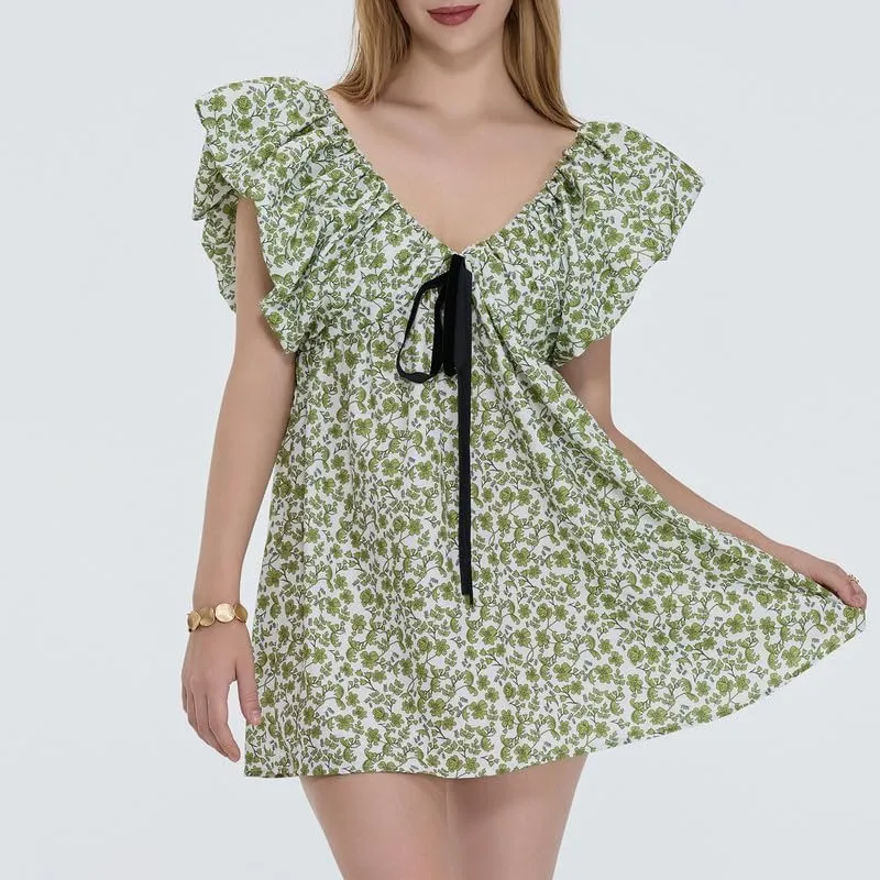 Womens Boho Mini Dress Y2k Floral Puff Sleeve Babydoll Dress Deep V Neck Bow Tie Front Backless Beach Sundress
