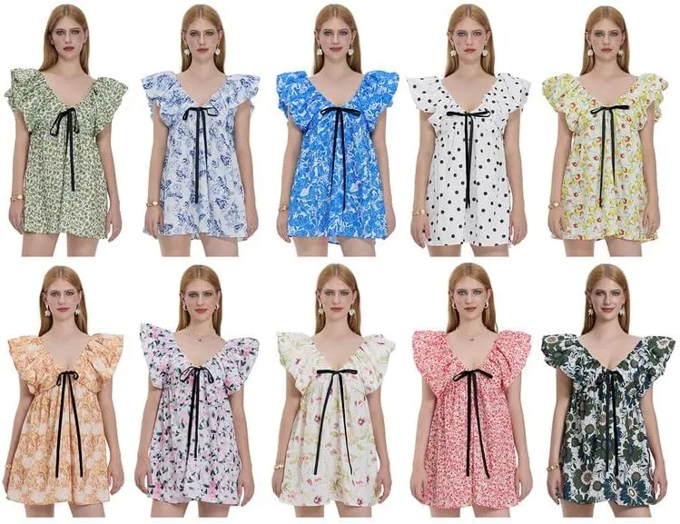 Womens Boho Mini Dress Y2k Floral Puff Sleeve Babydoll Dress Deep V Neck Bow Tie Front Backless Beach Sundress