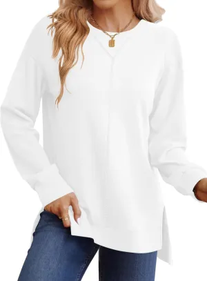 Womens Casual Sweatshirts Oversized Crewneck Trendy Pullover Tops Fall Winter Loose Soft Long Sleeve Shirts (White M)