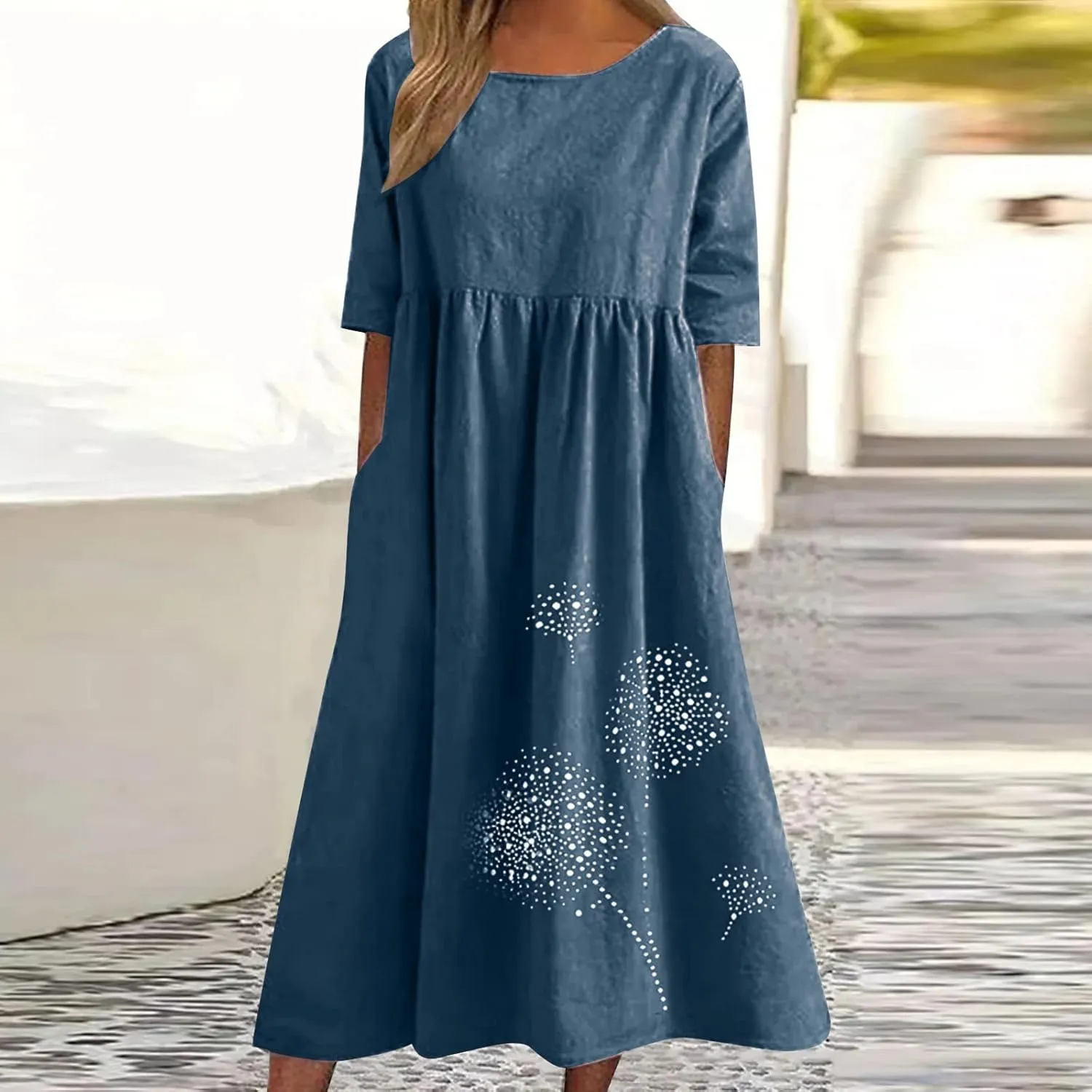 Women's Cotton Linen Dresses Plus Size Casual Midi Dresses 2025 Trendy Short Sleeve Summer Dress with Pockets