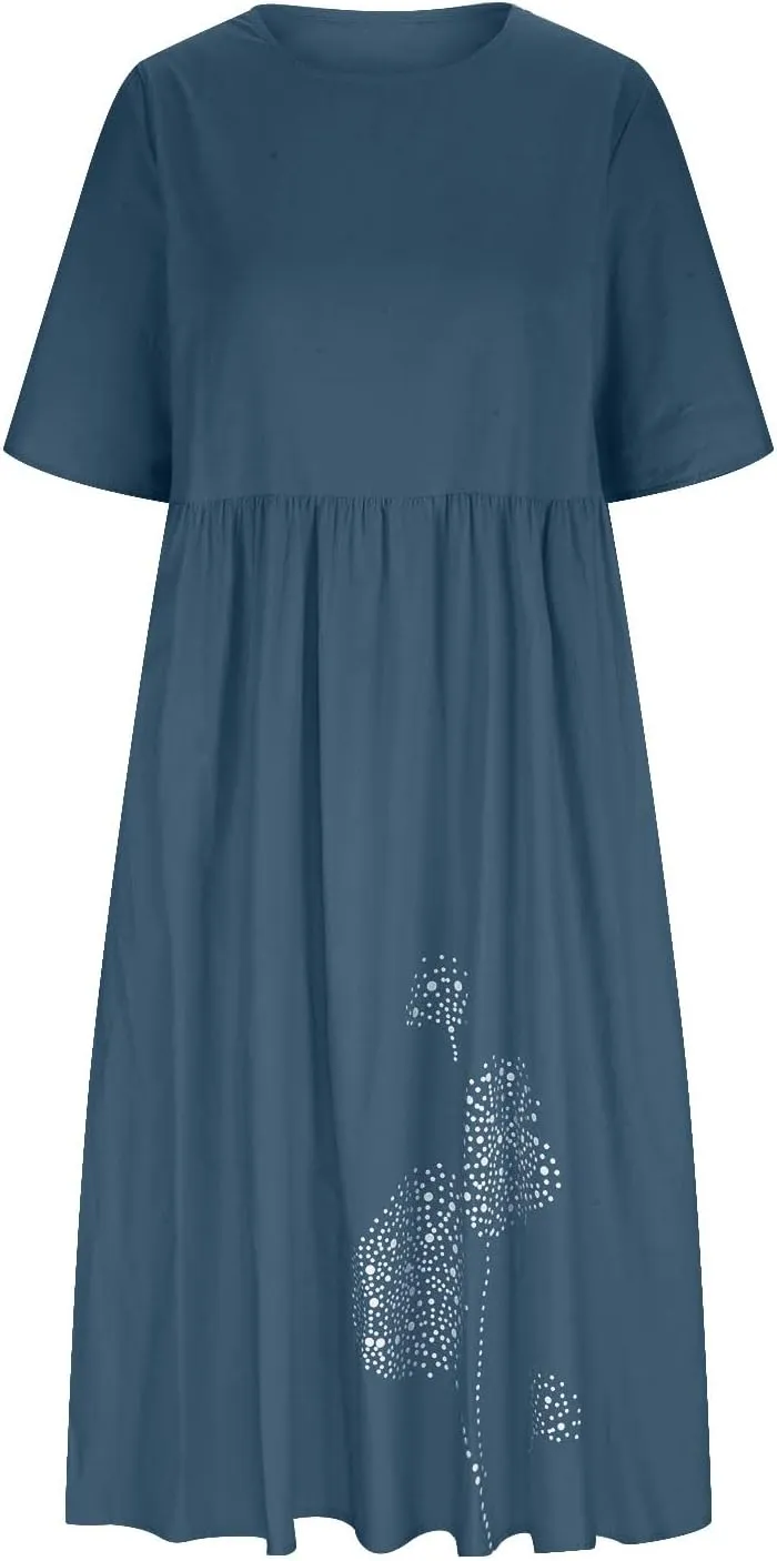 Women's Cotton Linen Dresses Plus Size Casual Midi Dresses 2025 Trendy Short Sleeve Summer Dress with Pockets
