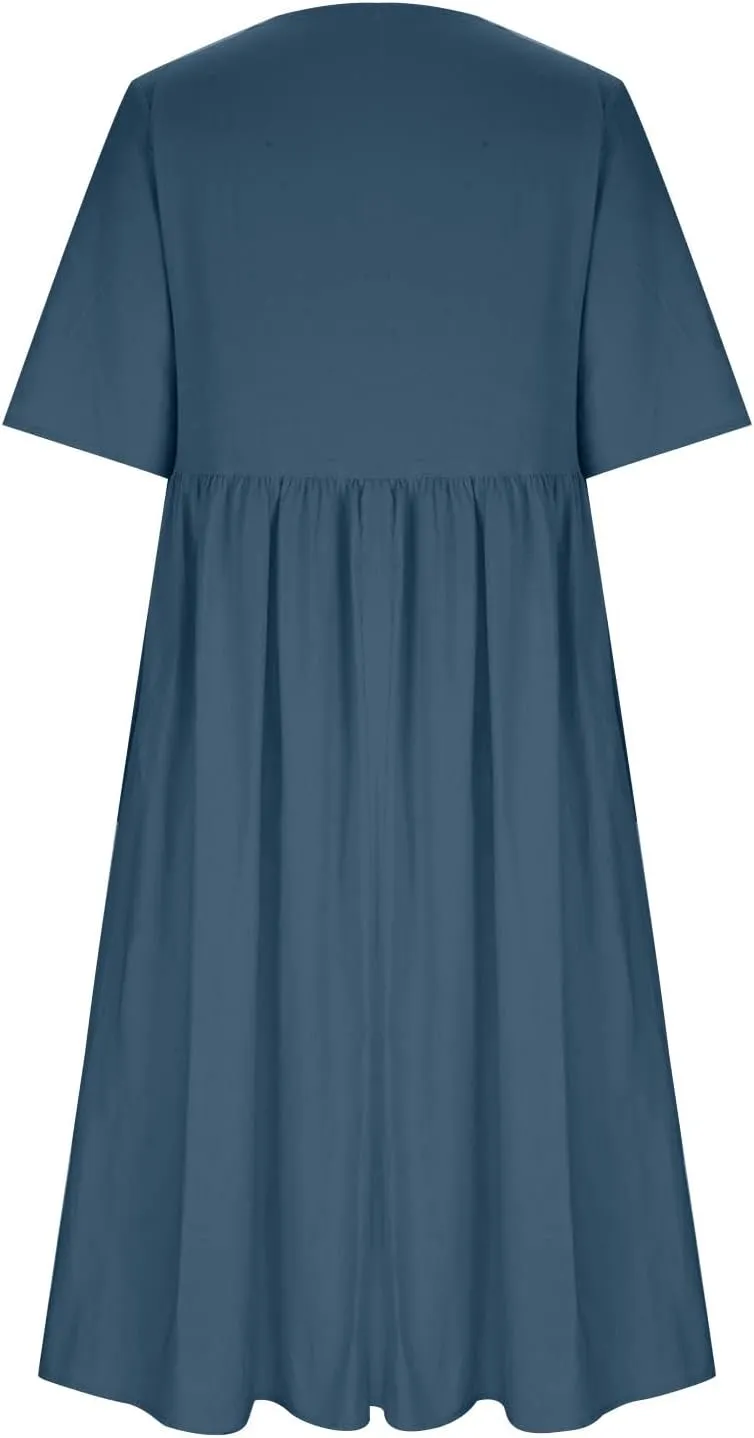 Women's Cotton Linen Dresses Plus Size Casual Midi Dresses 2025 Trendy Short Sleeve Summer Dress with Pockets