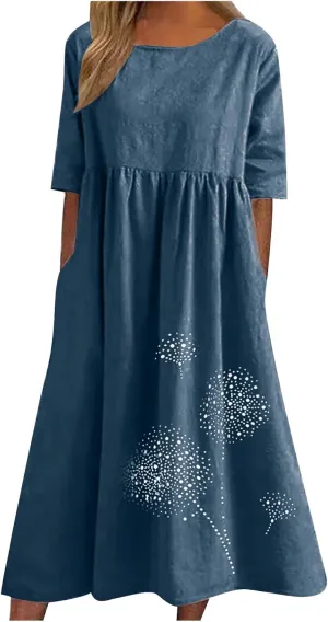 Women's Cotton Linen Dresses Plus Size Casual Midi Dresses 2025 Trendy Short Sleeve Summer Dress with Pockets