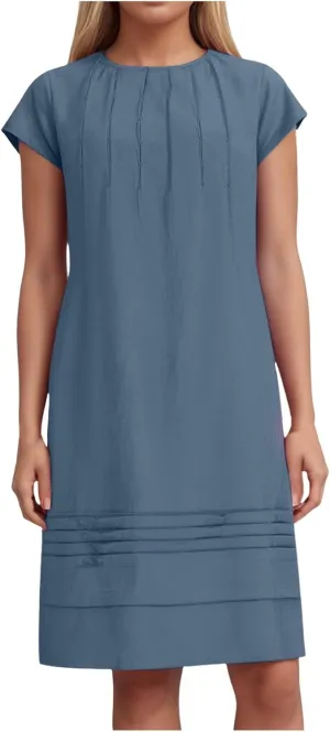 Womens Cotton Linen Midi Dress Crewneck Cap Sleeve Pleated Summer Dresses Plus Size Sundress Vacation Outfit 2025 S-5XL