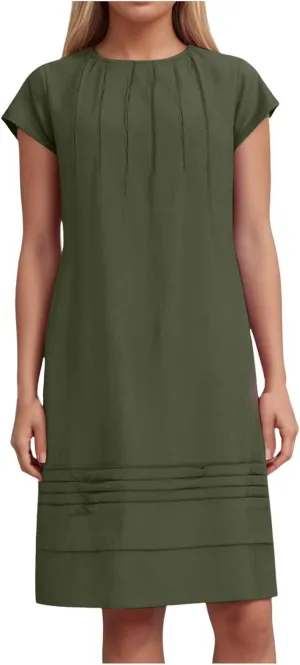 Womens Cotton Linen Midi Dress Crewneck Cap Sleeve Pleated Summer Dresses Plus Size Sundress Vacation Outfit 2025 S-5XL