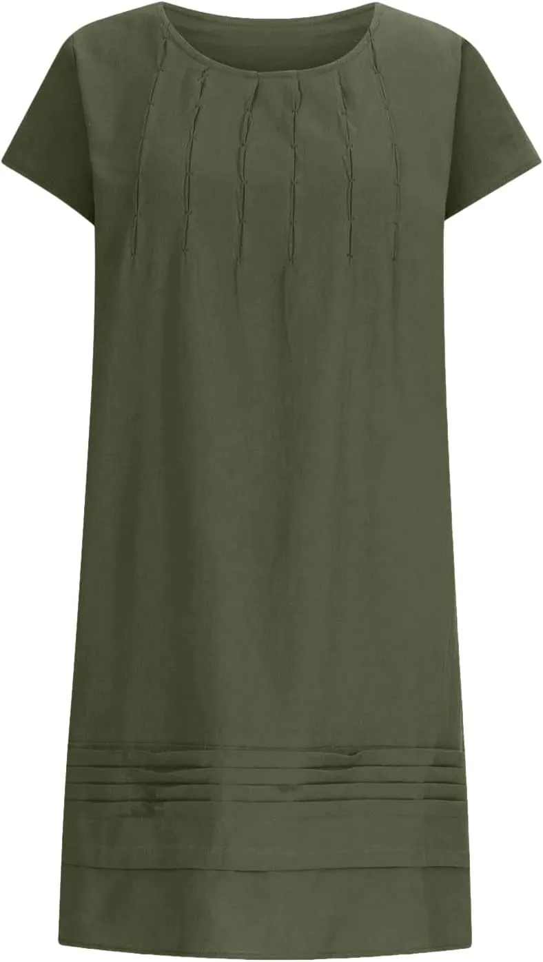 Womens Cotton Linen Midi Dress Crewneck Cap Sleeve Pleated Summer Dresses Plus Size Sundress Vacation Outfit 2025 S-5XL