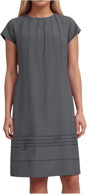 Womens Cotton Linen Midi Dress Crewneck Cap Sleeve Pleated Summer Dresses Plus Size Sundress Vacation Outfit 2025 S-5XL