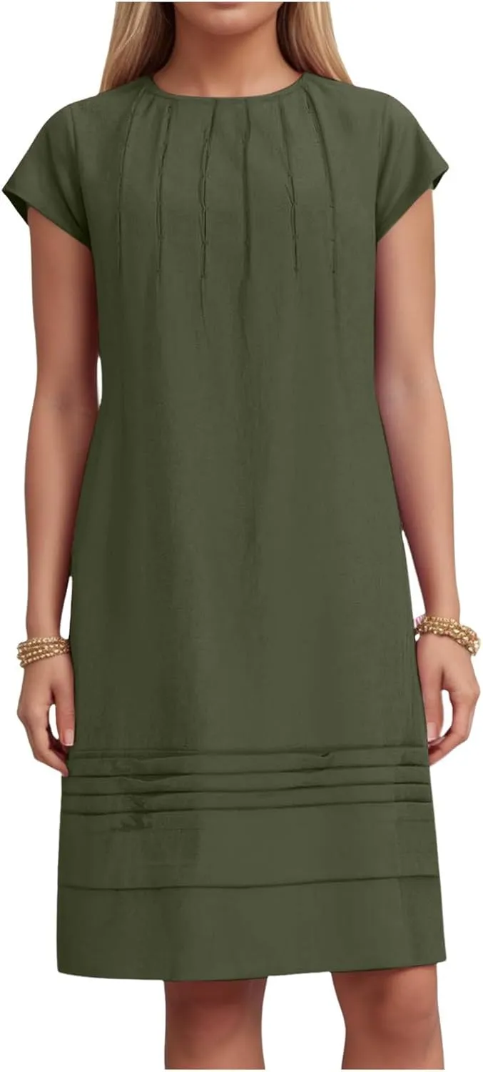 Womens Cotton Linen Midi Dress Crewneck Cap Sleeve Pleated Summer Dresses Plus Size Sundress Vacation Outfit 2025 S-5XL