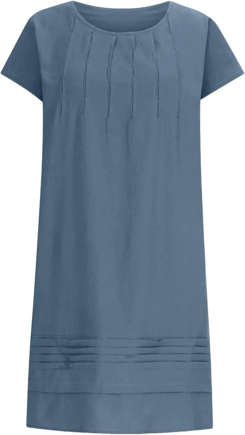 Womens Cotton Linen Midi Dress Crewneck Cap Sleeve Pleated Summer Dresses Plus Size Sundress Vacation Outfit 2025 S-5XL