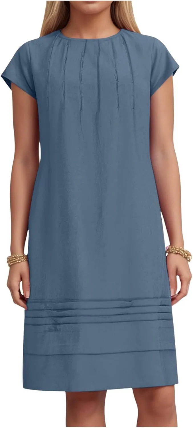 Womens Cotton Linen Midi Dress Crewneck Cap Sleeve Pleated Summer Dresses Plus Size Sundress Vacation Outfit 2025 S-5XL