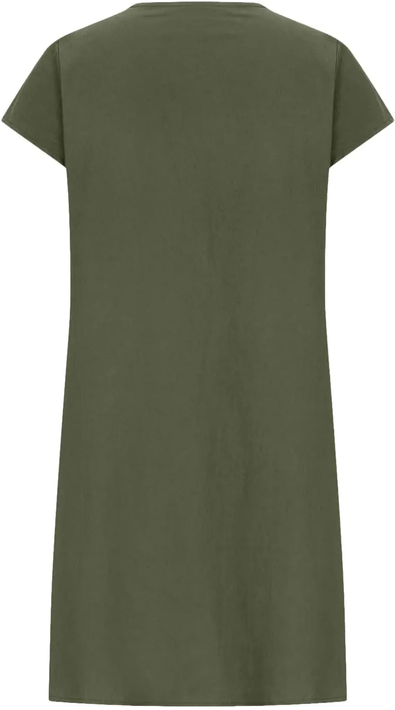 Womens Cotton Linen Midi Dress Crewneck Cap Sleeve Pleated Summer Dresses Plus Size Sundress Vacation Outfit 2025 S-5XL