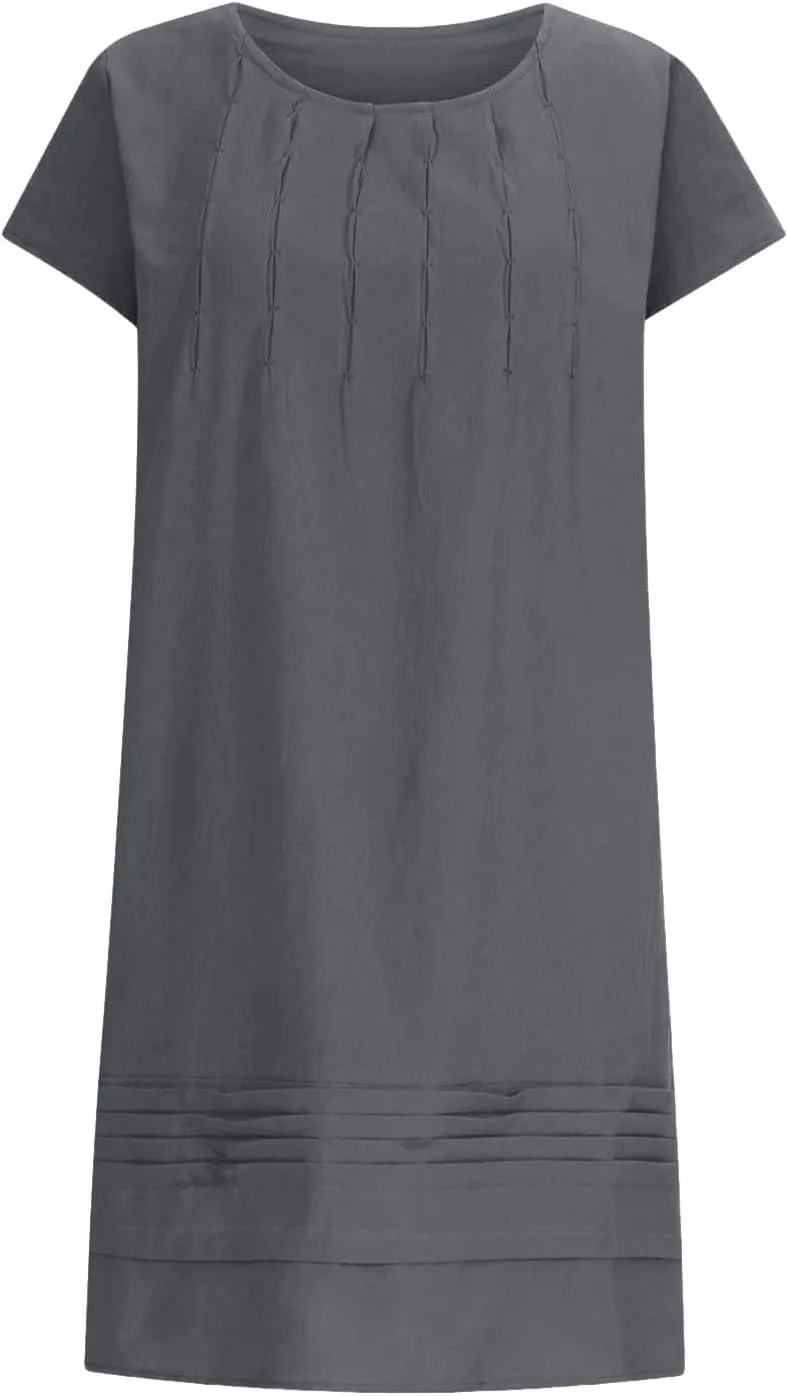 Womens Cotton Linen Midi Dress Crewneck Cap Sleeve Pleated Summer Dresses Plus Size Sundress Vacation Outfit 2025 S-5XL
