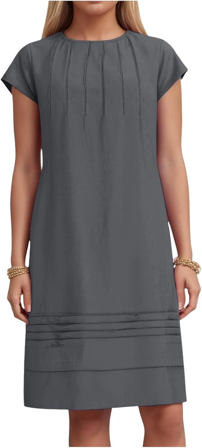 Womens Cotton Linen Midi Dress Crewneck Cap Sleeve Pleated Summer Dresses Plus Size Sundress Vacation Outfit 2025 S-5XL