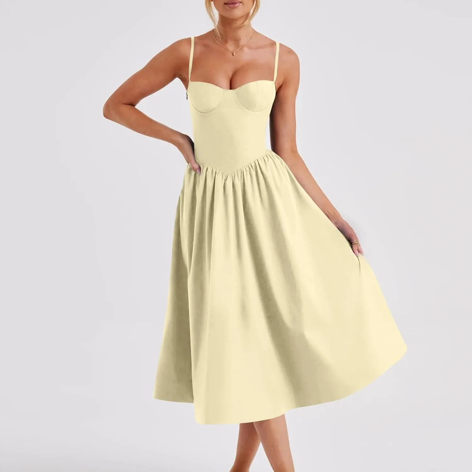 Womens Dress Flowy Pleated Hem Dresses Flowy Midi Dress Swing Party Spaghetti Strap Dresses Travel Vacation Outfits