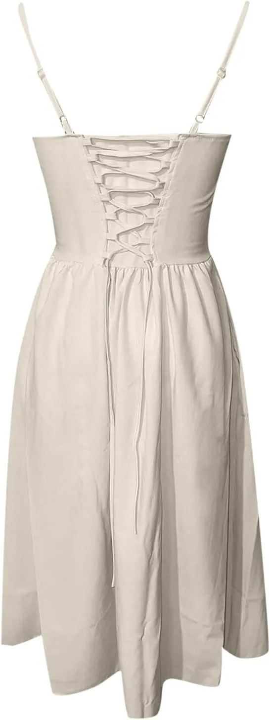 Womens Dress Flowy Pleated Hem Dresses Flowy Midi Dress Swing Party Spaghetti Strap Dresses Travel Vacation Outfits