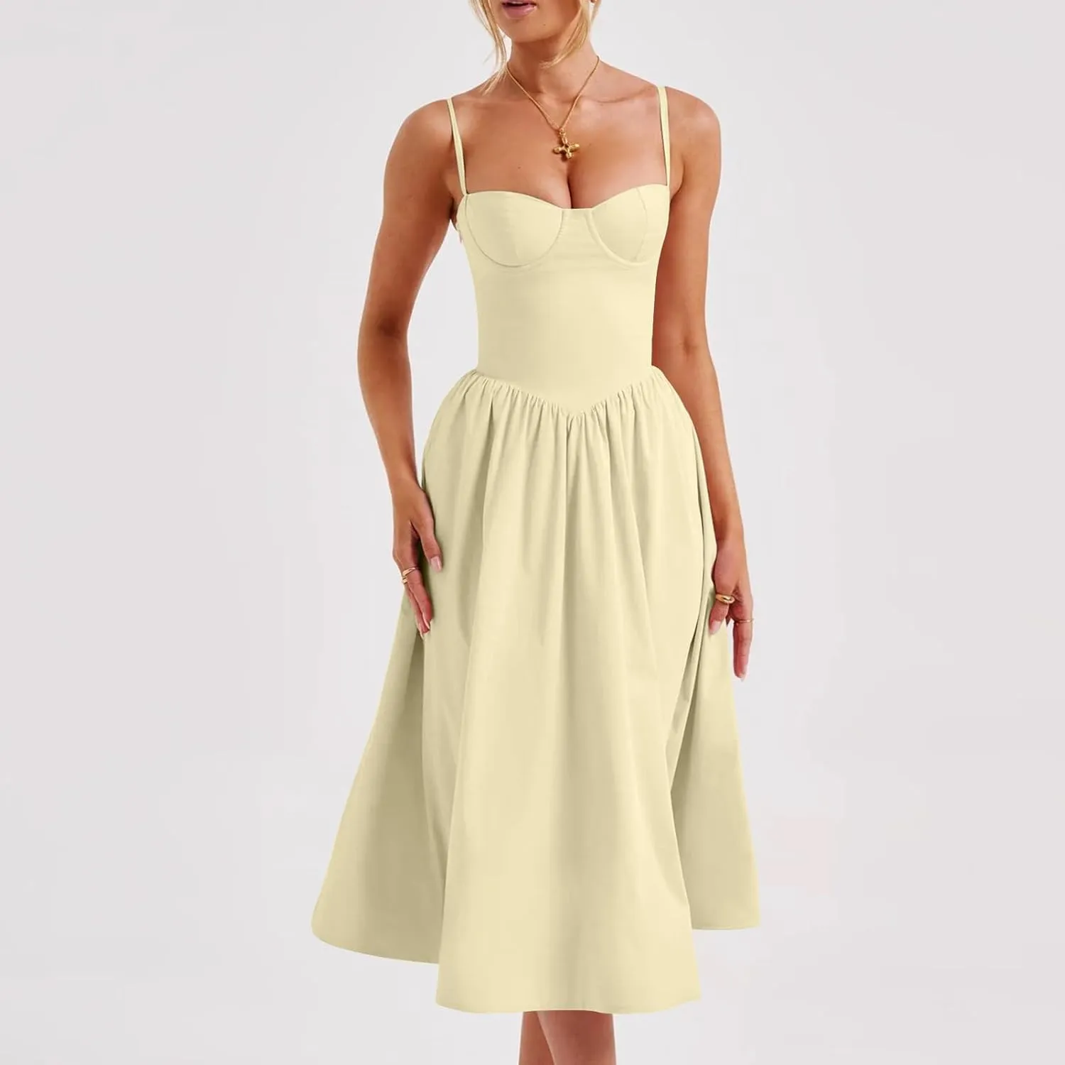 Womens Dress Flowy Pleated Hem Dresses Flowy Midi Dress Swing Party Spaghetti Strap Dresses Travel Vacation Outfits