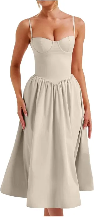 Womens Dress Flowy Pleated Hem Dresses Flowy Midi Dress Swing Party Spaghetti Strap Dresses Travel Vacation Outfits