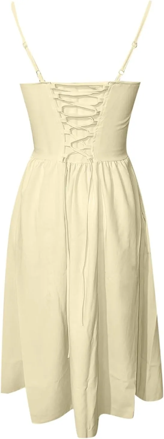 Womens Dress Flowy Pleated Hem Dresses Flowy Midi Dress Swing Party Spaghetti Strap Dresses Travel Vacation Outfits