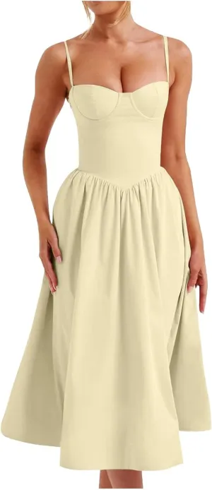 Womens Dress Flowy Pleated Hem Dresses Flowy Midi Dress Swing Party Spaghetti Strap Dresses Travel Vacation Outfits