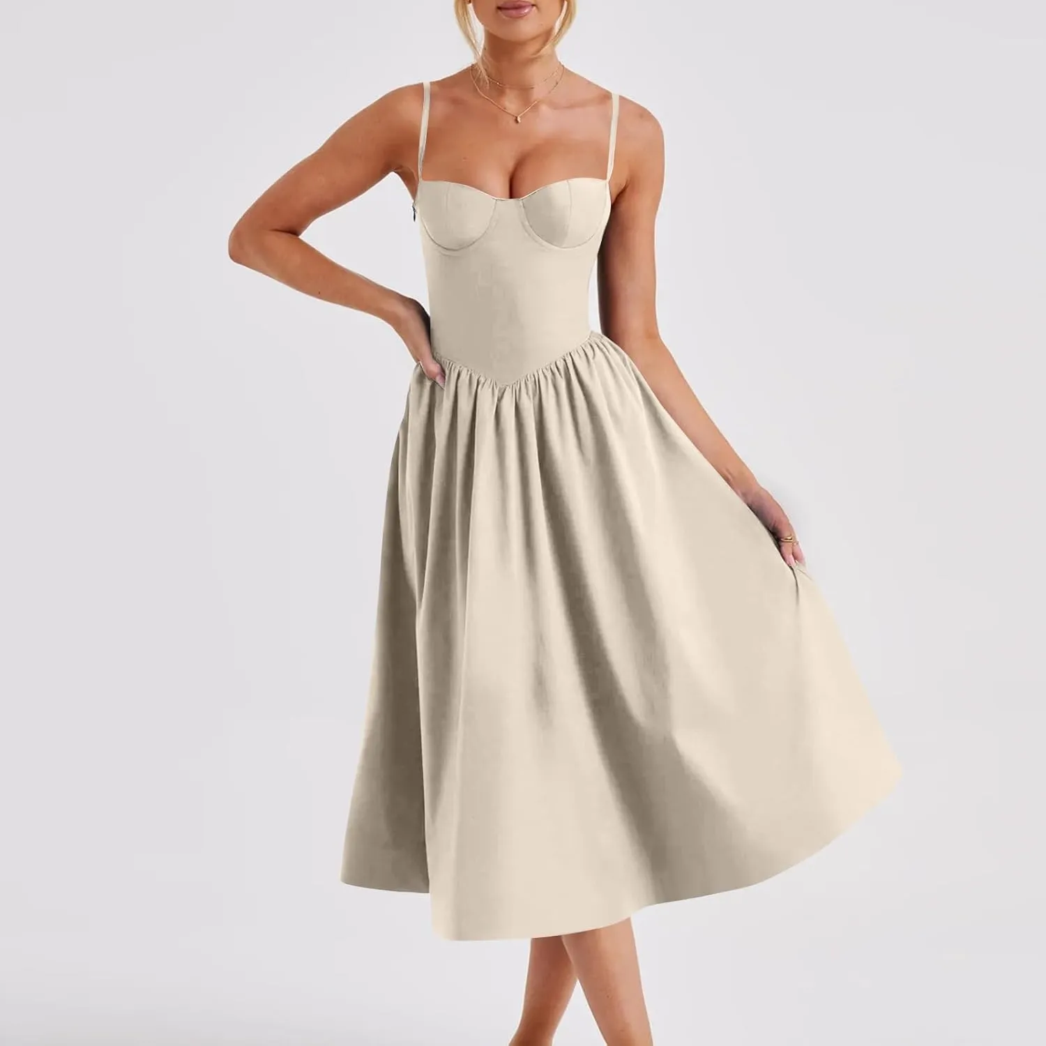 Womens Dress Flowy Pleated Hem Dresses Flowy Midi Dress Swing Party Spaghetti Strap Dresses Travel Vacation Outfits