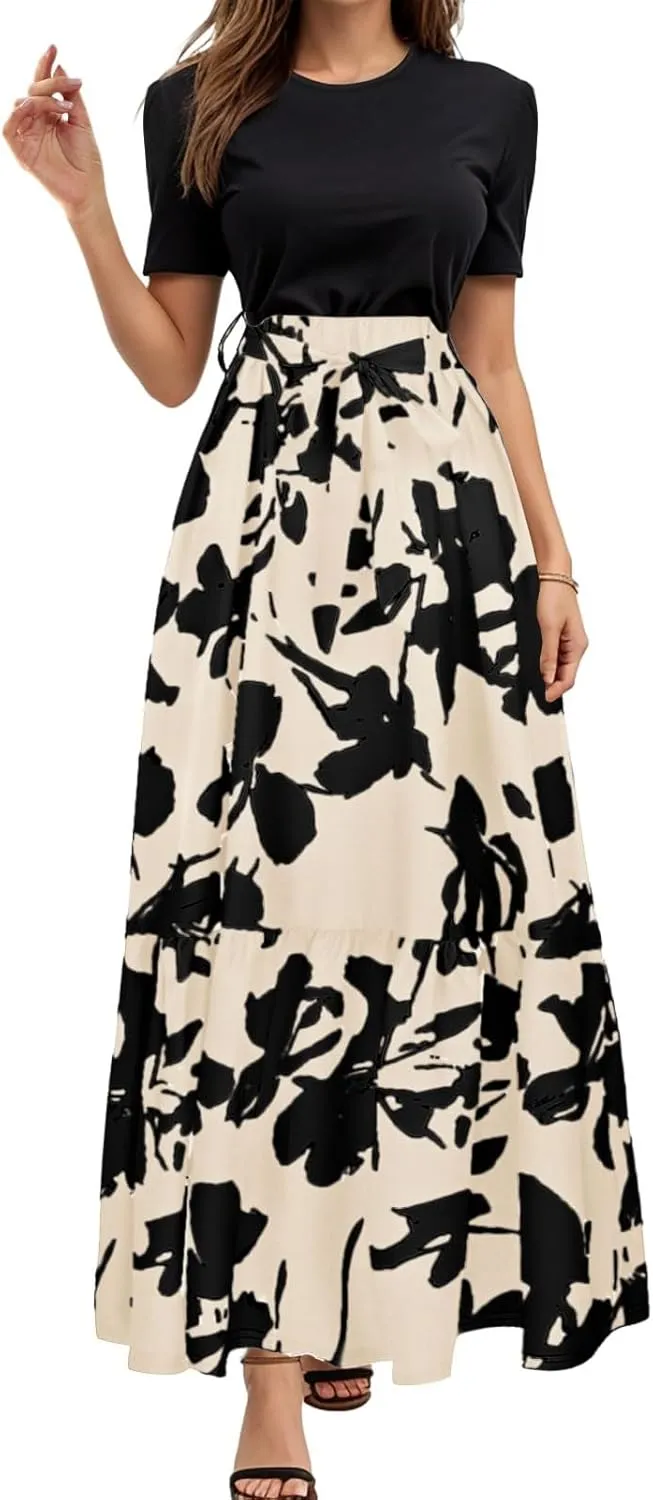 Women's Maxi Dress Floral Print Wrap Short Sleeve Summer Dresses High Waist Swing A Line Sundress Beach Vacaton Outfit 2025