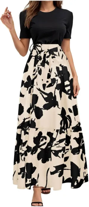 Women's Maxi Dress Floral Print Wrap Short Sleeve Summer Dresses High Waist Swing A Line Sundress Beach Vacaton Outfit 2025