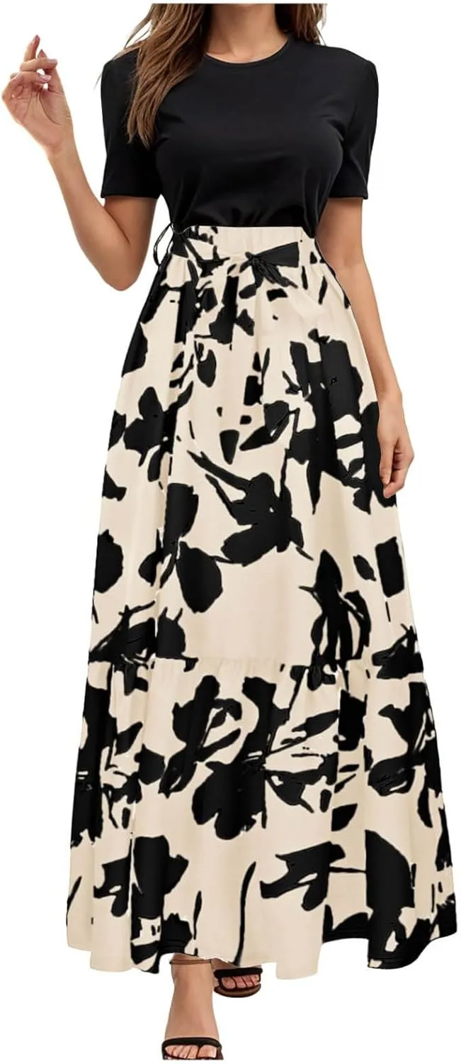 Women's Maxi Dress Floral Print Wrap Short Sleeve Summer Dresses High Waist Swing A Line Sundress Beach Vacaton Outfit 2025