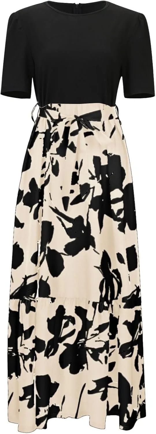 Women's Maxi Dress Floral Print Wrap Short Sleeve Summer Dresses High Waist Swing A Line Sundress Beach Vacaton Outfit 2025