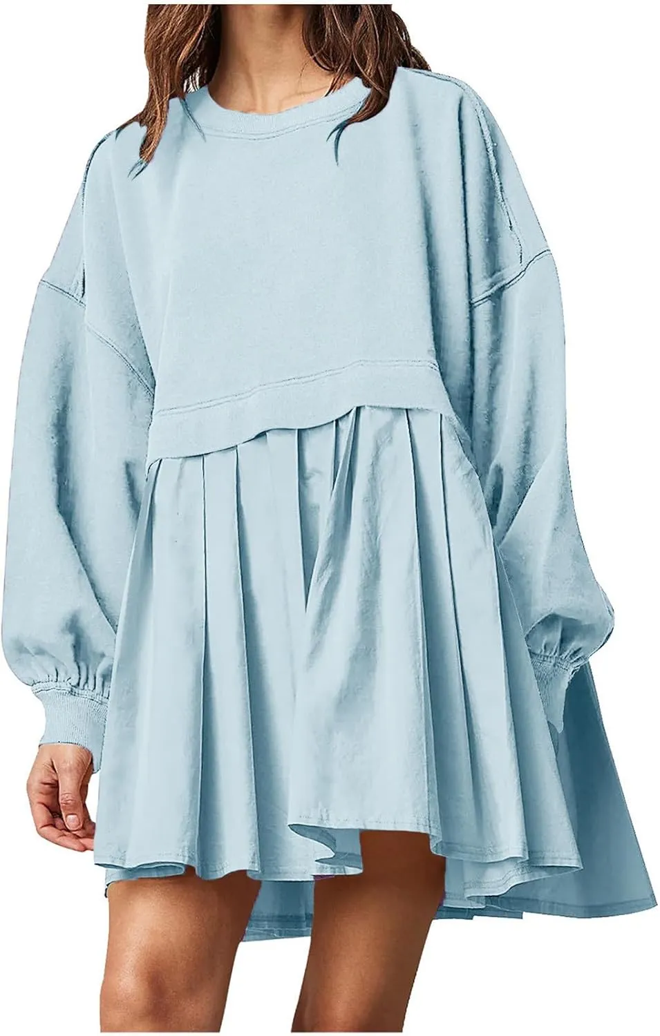 Womens Mini Sweatshirt Dress Oversized Patchwork Color Block Pleated Dresses Long Sleeve Crewneck Pullover Tops