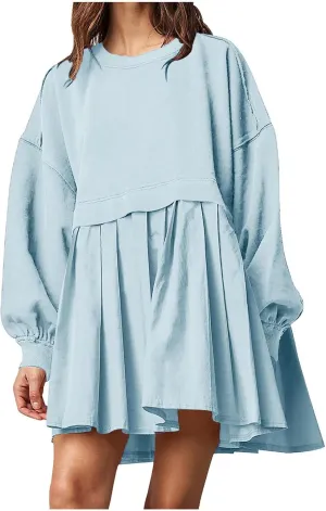 Womens Mini Sweatshirt Dress Oversized Patchwork Color Block Pleated Dresses Long Sleeve Crewneck Pullover Tops