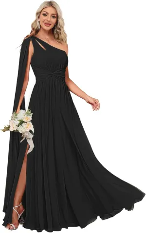 Women's One Shoulder Long Bridesmaid Dresses for Wedding Ruched Long Flowy Chiffon Formal Dresses