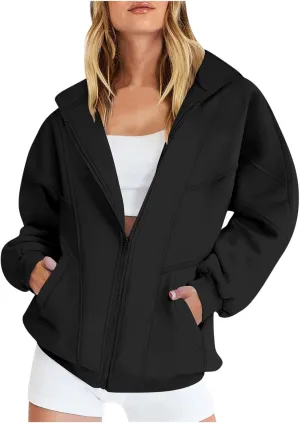 Womens Oversized Sweatshirts Jacket Zip Up Long Sleeve Fleece Y2K Jacket Pockets 2024 Fall Outfits Fashion Clothes