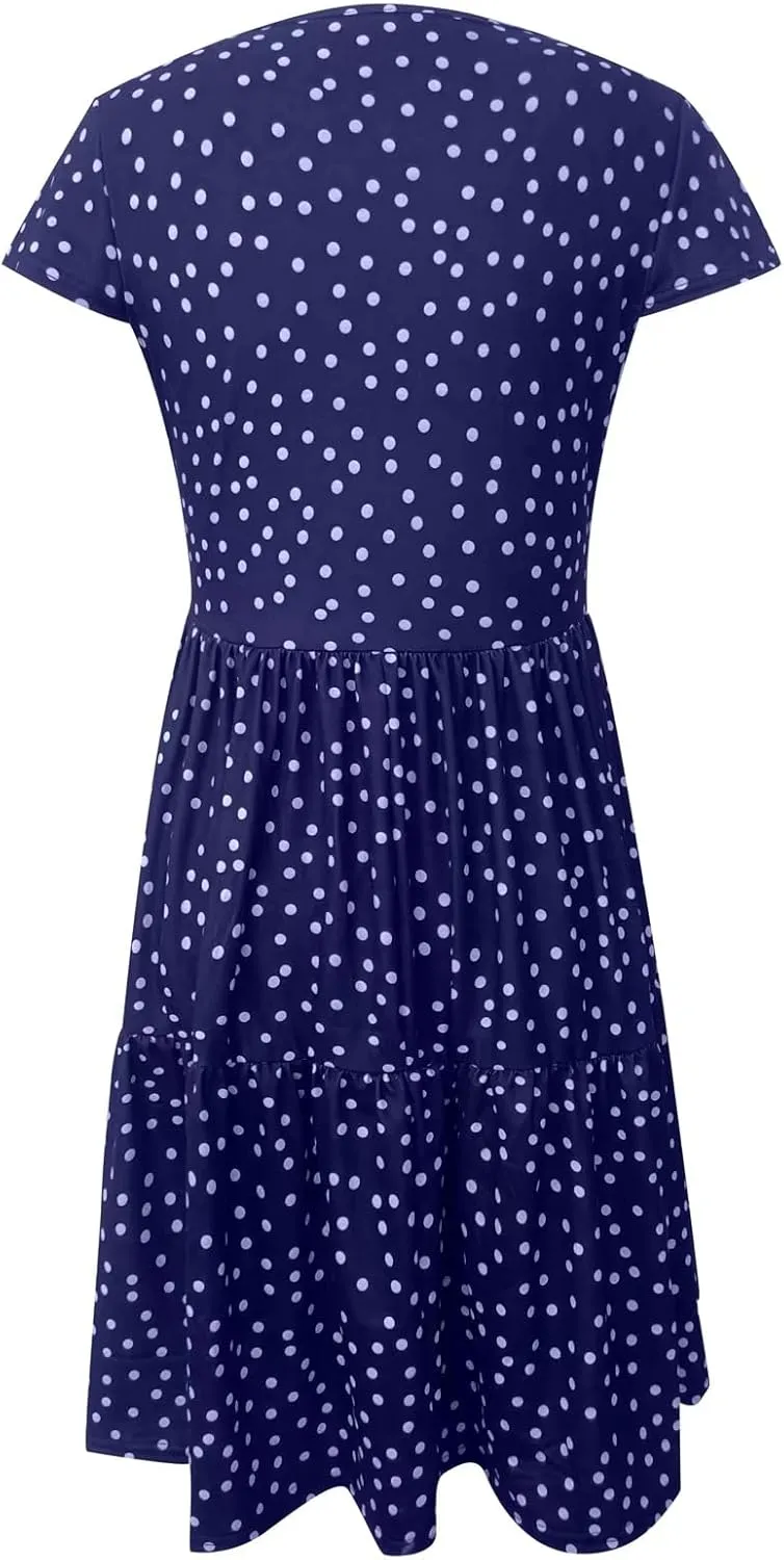 Womens Polka dot Dress Summer Casual Boho Floral V Neck Mini Dress Ruffle Short Sleeve Flowy Swing Dresses