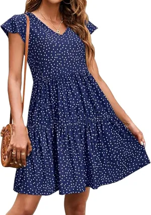 Womens Polka dot Dress Summer Casual Boho Floral V Neck Mini Dress Ruffle Short Sleeve Flowy Swing Dresses
